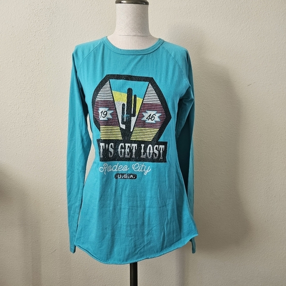 Rock & Roll Cowgirl Tops - Rock & Roll Teal Long Sleeve Graphic Tee M